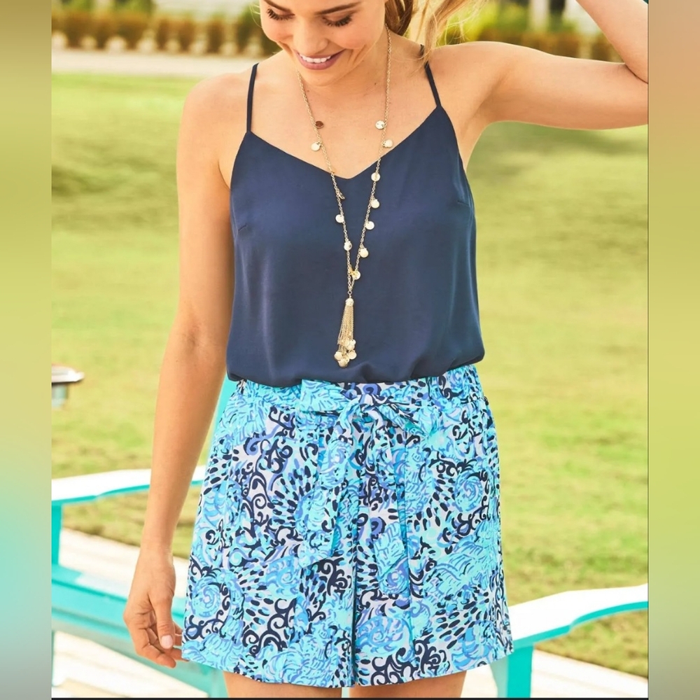 Lilly Pulitzer Mylee Blue Tie Front Shorts Size 00 Aqua Spritz, Elastic Waist